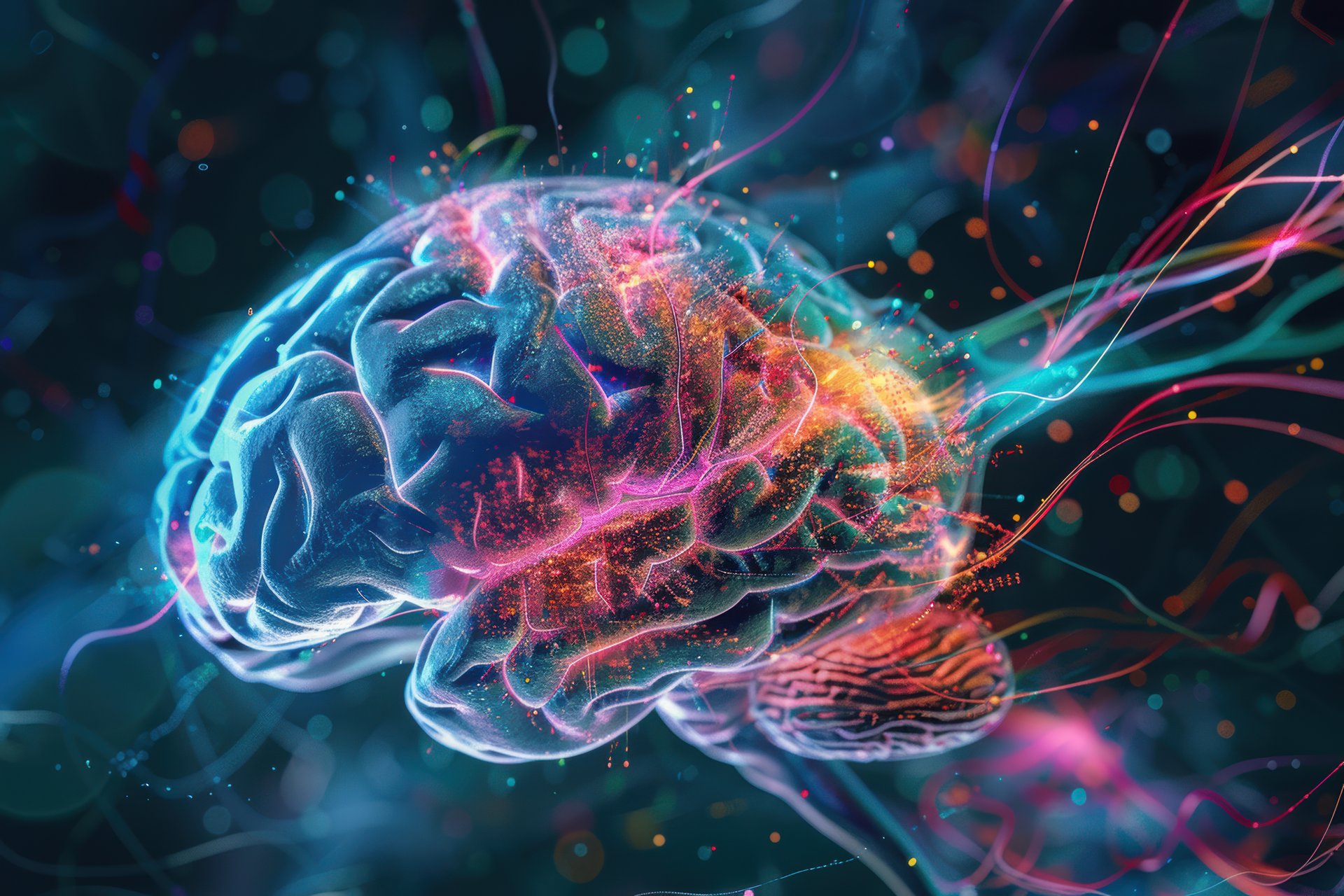 Illustration of a human brain with brightly coloured neural pathways symbolizing neuroplasticity and the brain’s ability to adapt, change, and support learning and recovery.