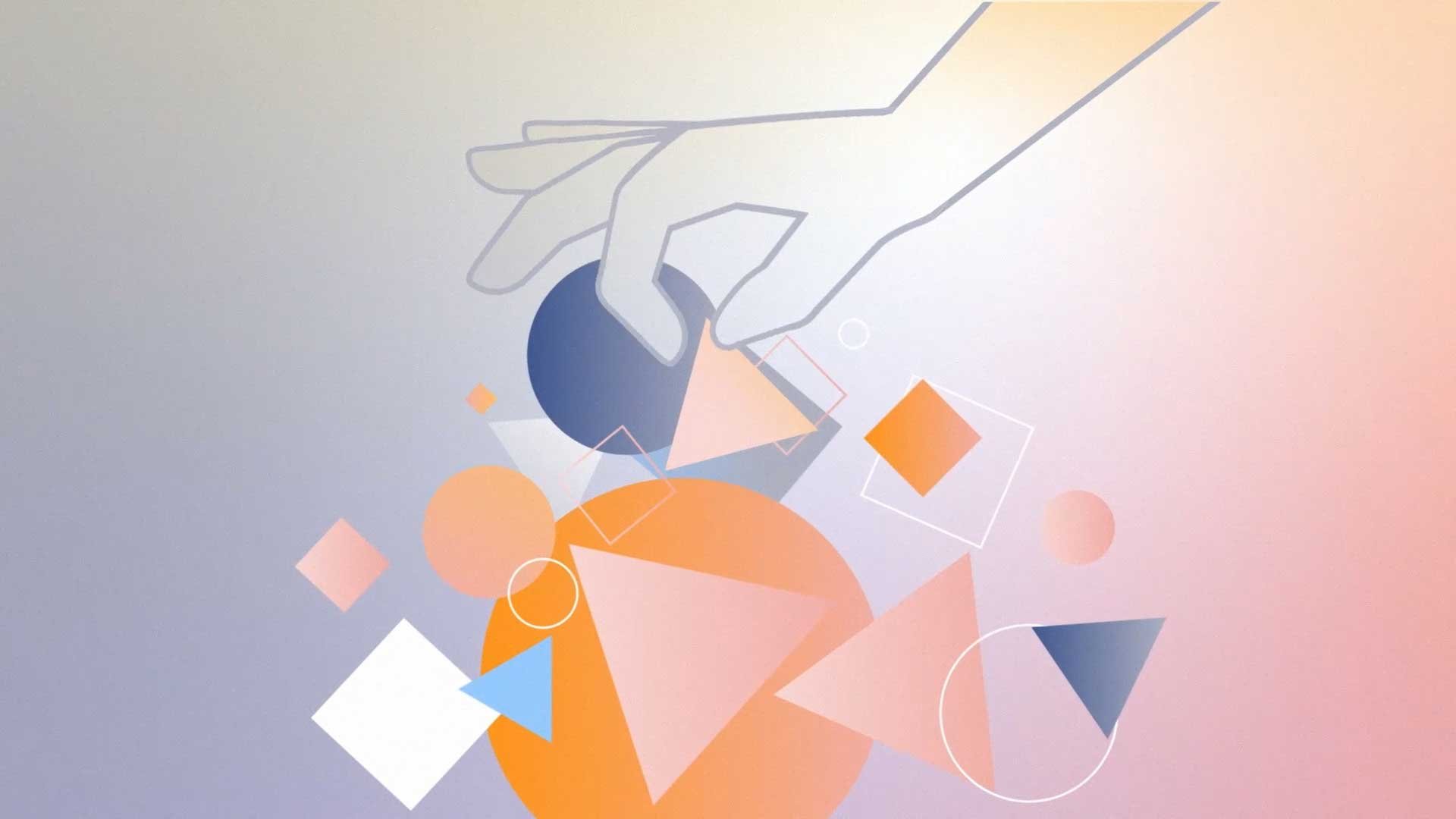 Illustration of a hand picking up a triangle from a collection of shapes.