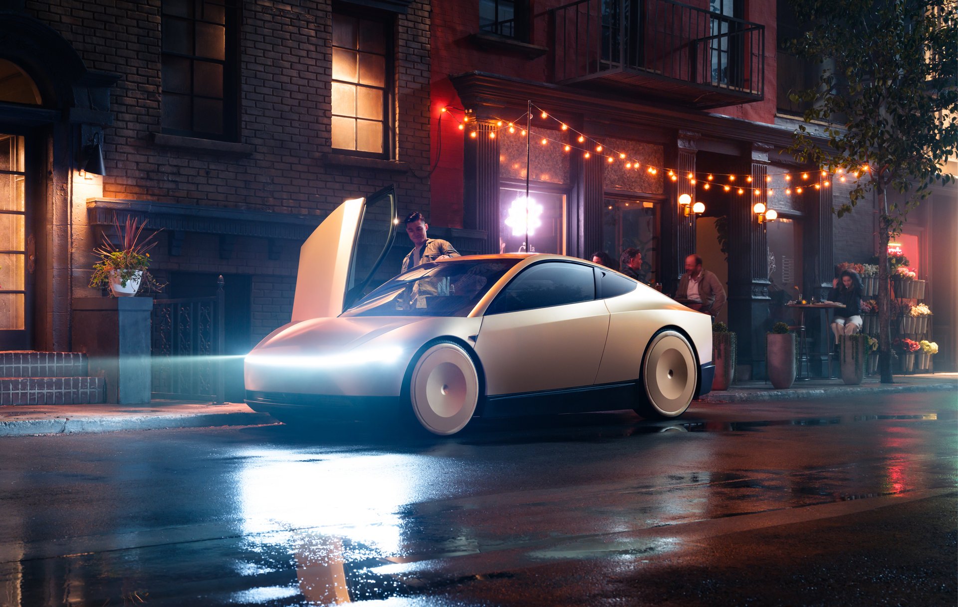 Man entering Tesla's new Robotaxi pulled over outside a restaurant with streetlights