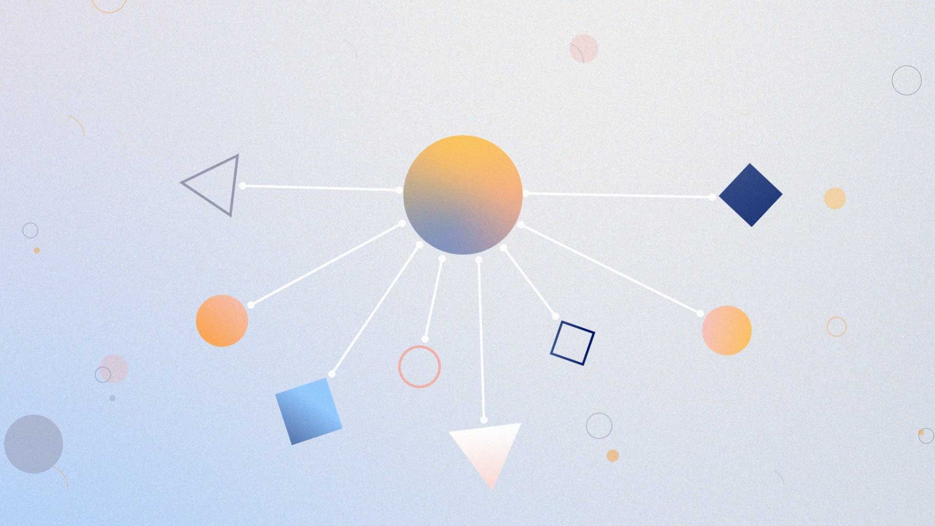 Illustration showing different shapes connected to one larger circle in the middle.