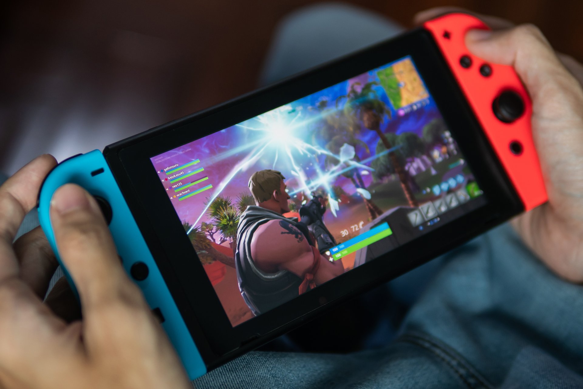 Close up of Fortnite being played on a Nintendo Switch.