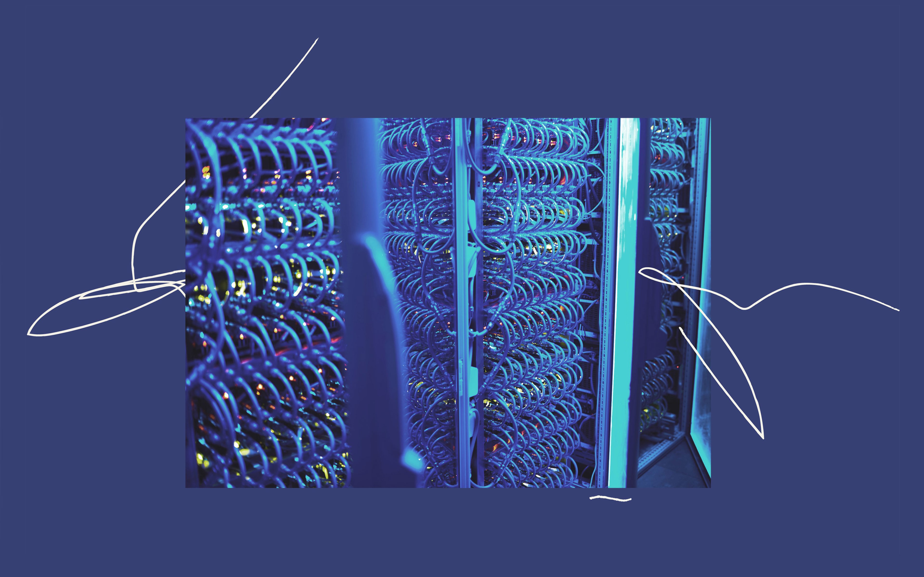 Network server with blue interconnected cables and illustrated lines expanding from it.