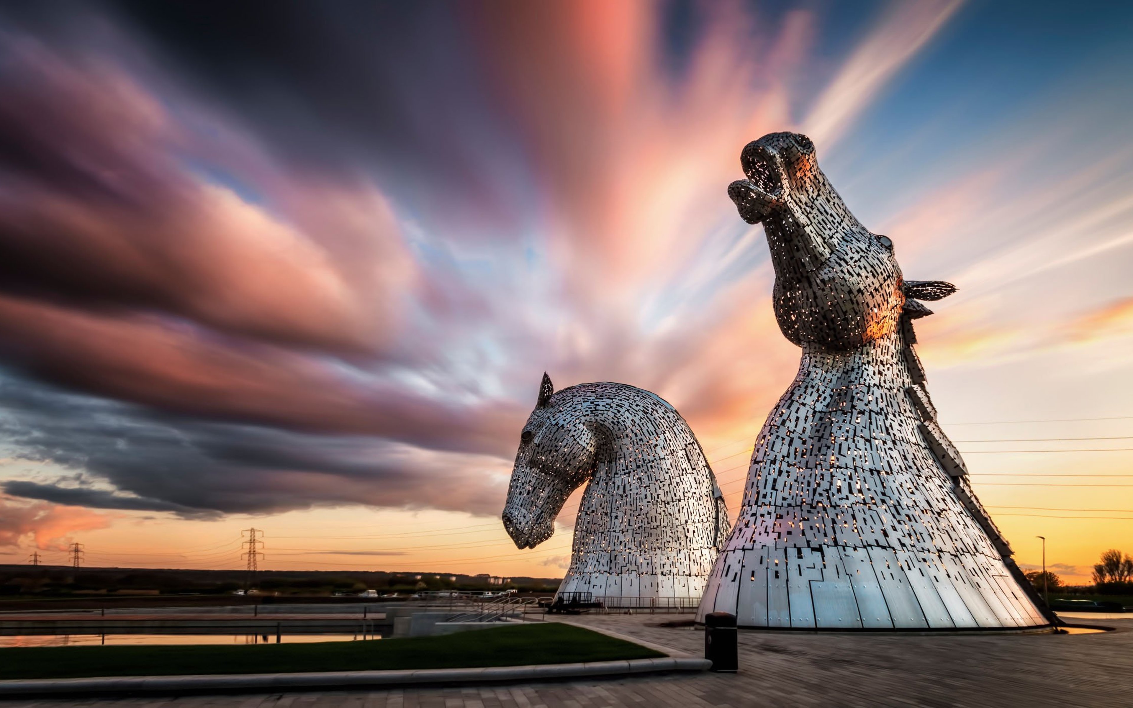 The Kelpies sculptures in Falkirk, Scotland in the evening.