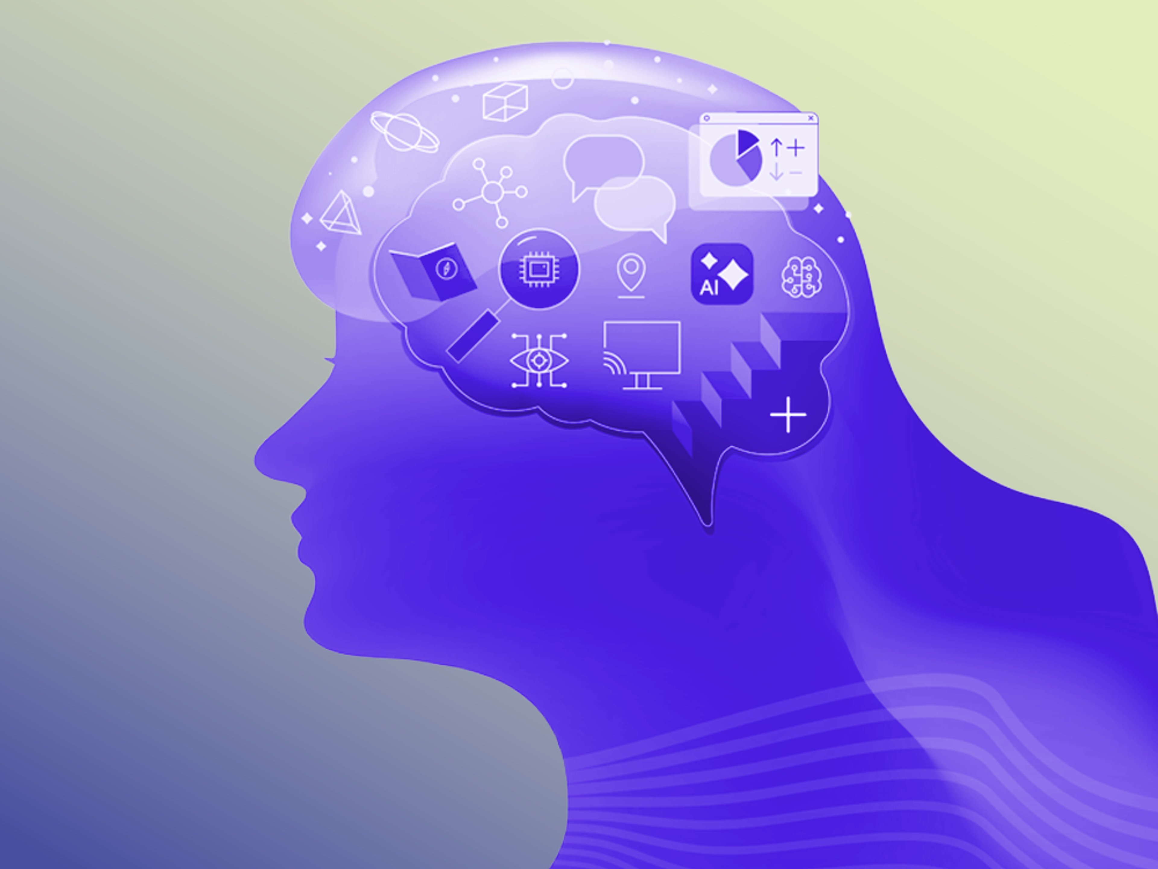 Purple human outline with a though bubble displaying an assortment of items