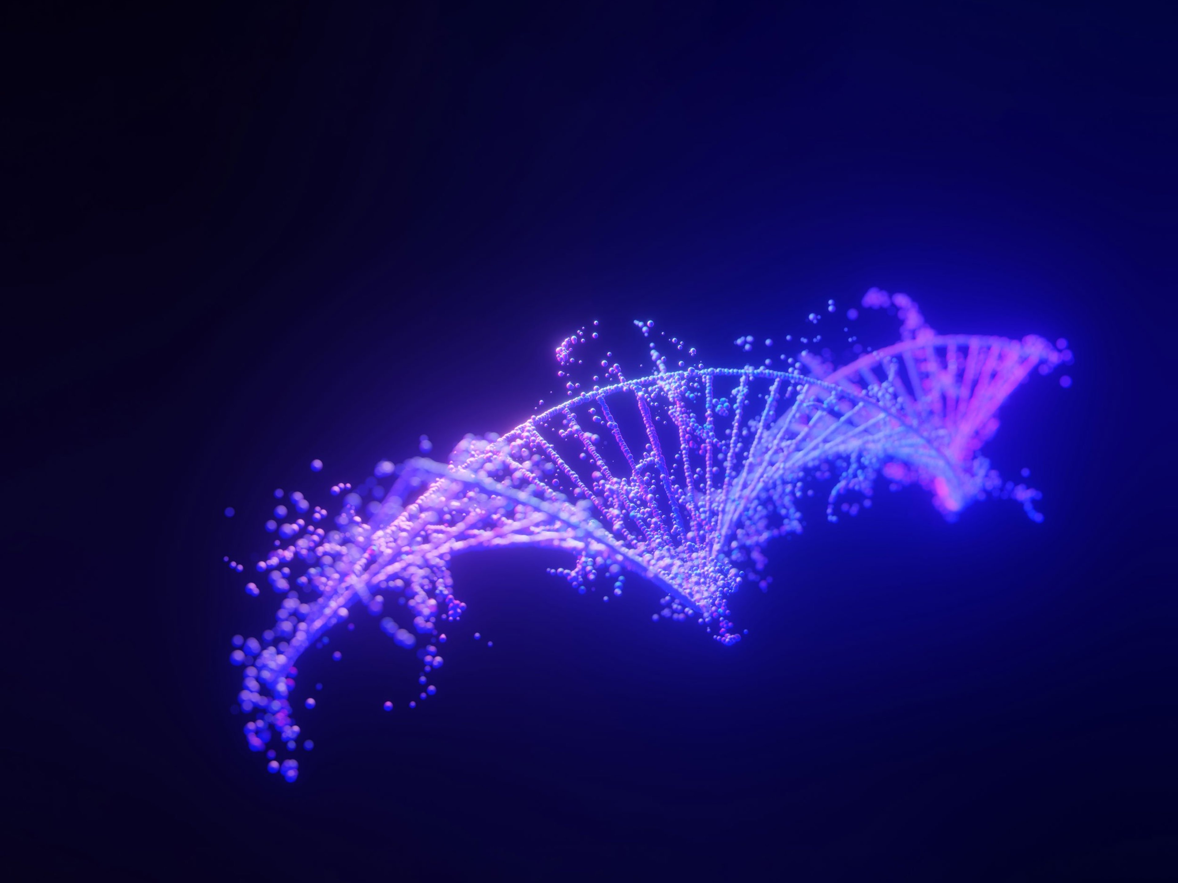 Abstract depiction of DNA against a dark blue background.