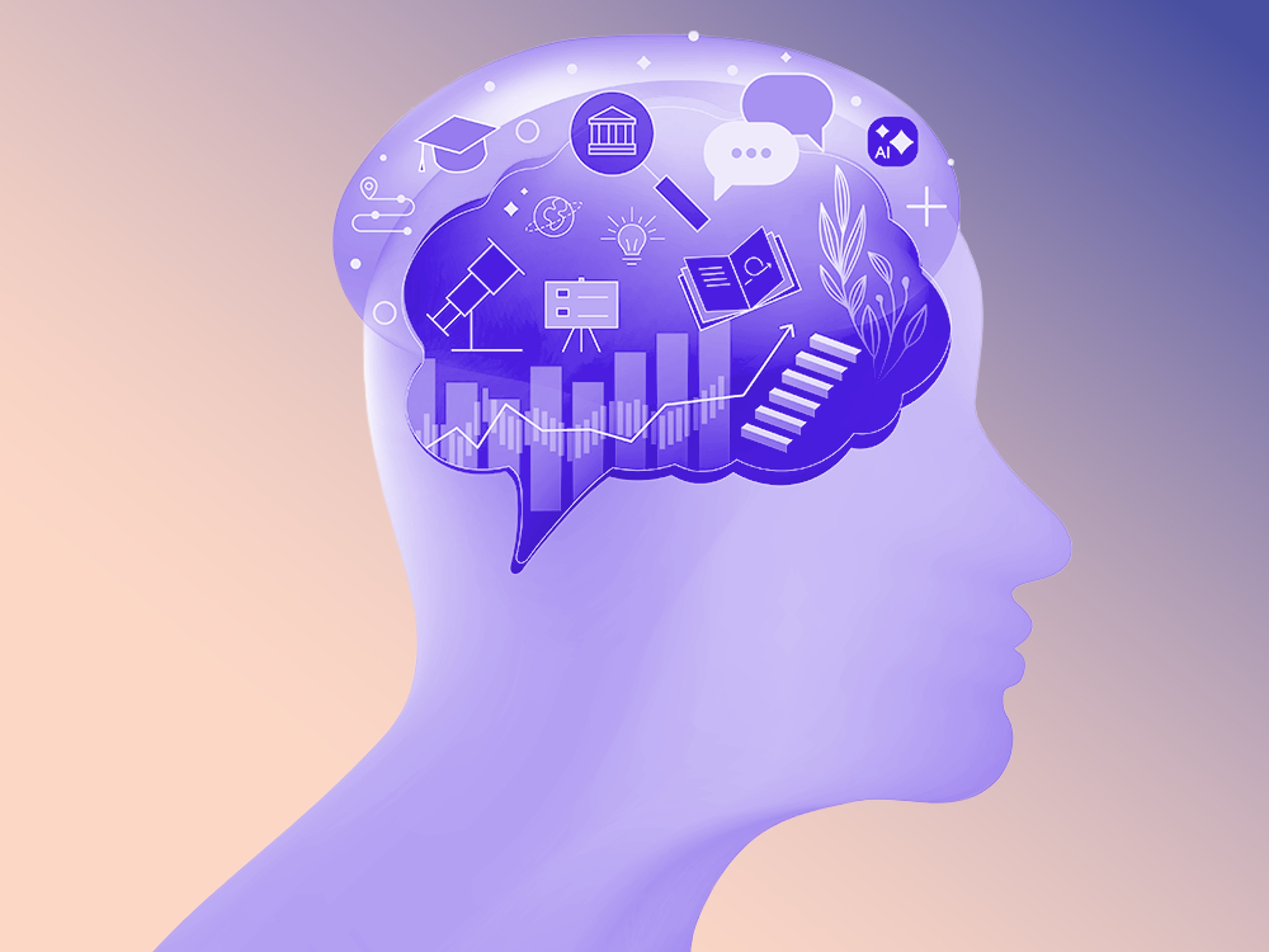 Purple human figure with a though bubble filled with random items