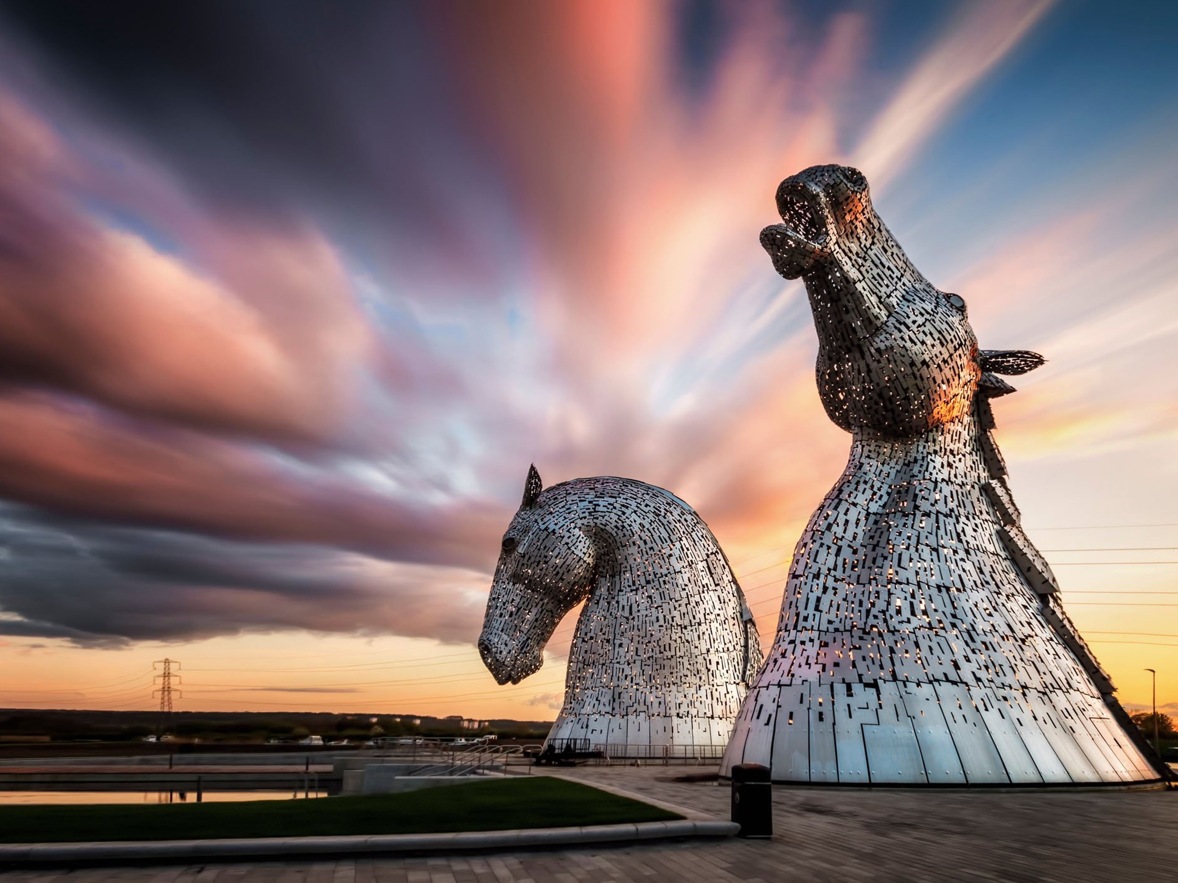 The Kelpies sculptures in Falkirk, Scotland in the evening.