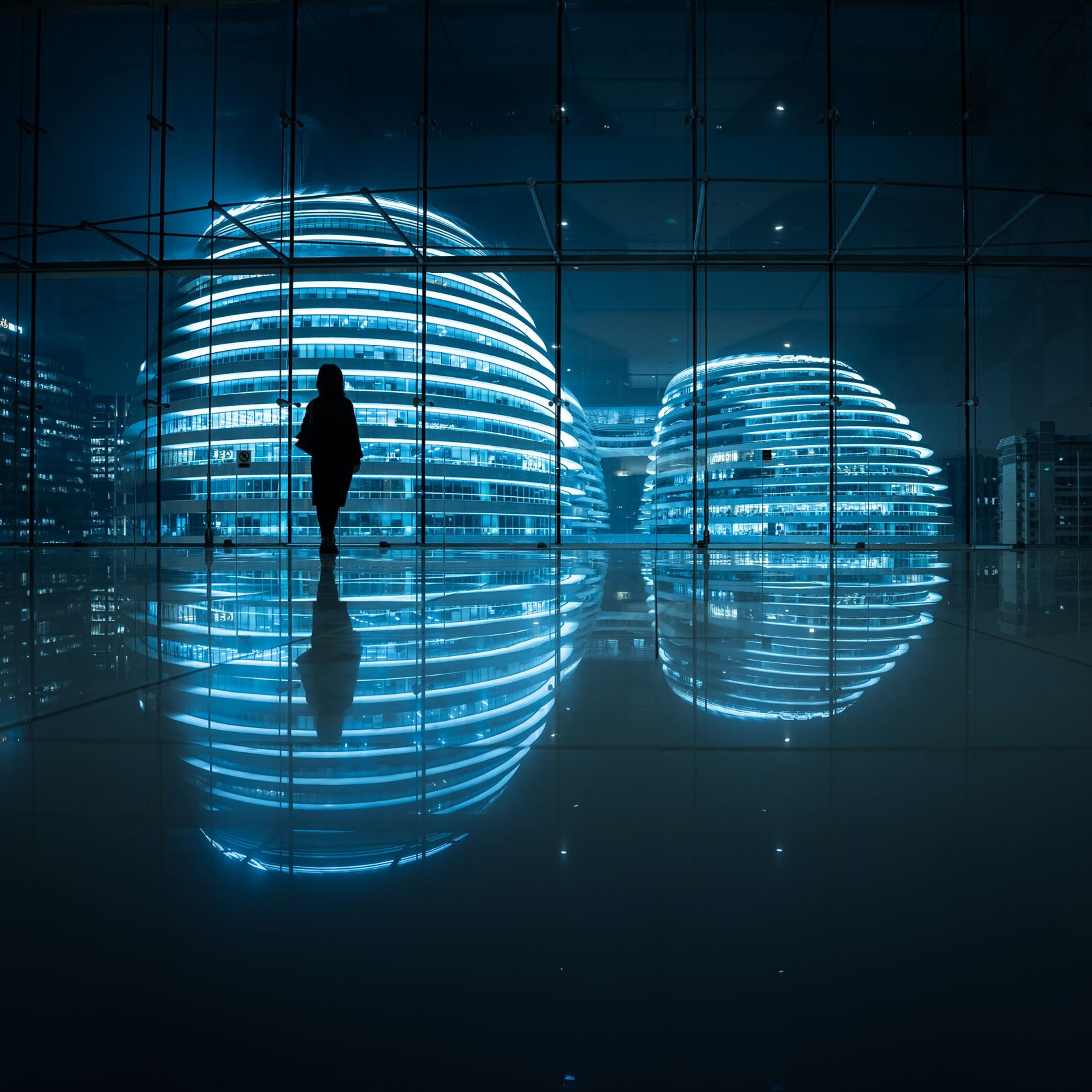 Round glass buildings at night viewed from inside another building in the financial district of Beijing, China.