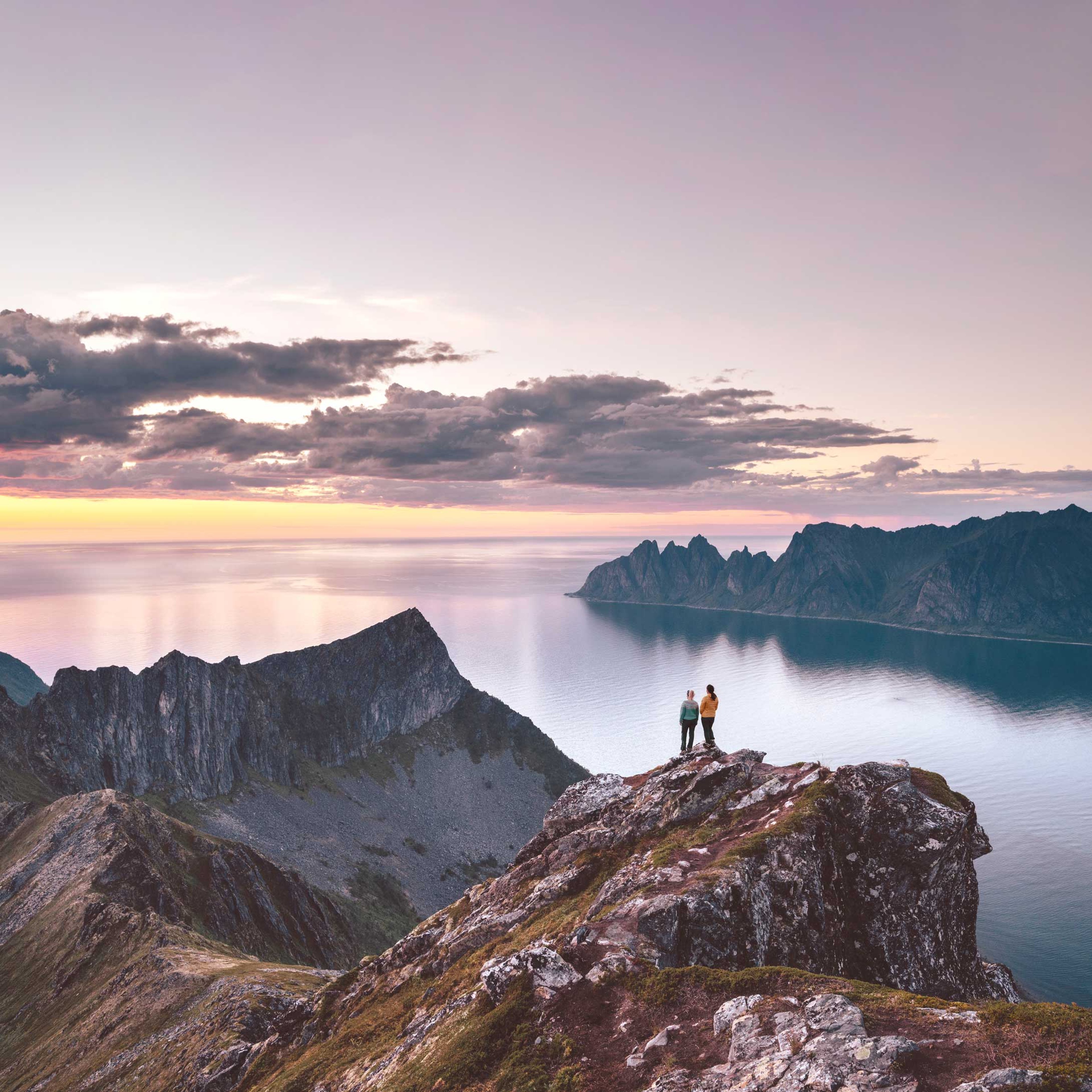 Two people stood on a mountain top admiring the sunset from top of a high cliff in Northern Norway.