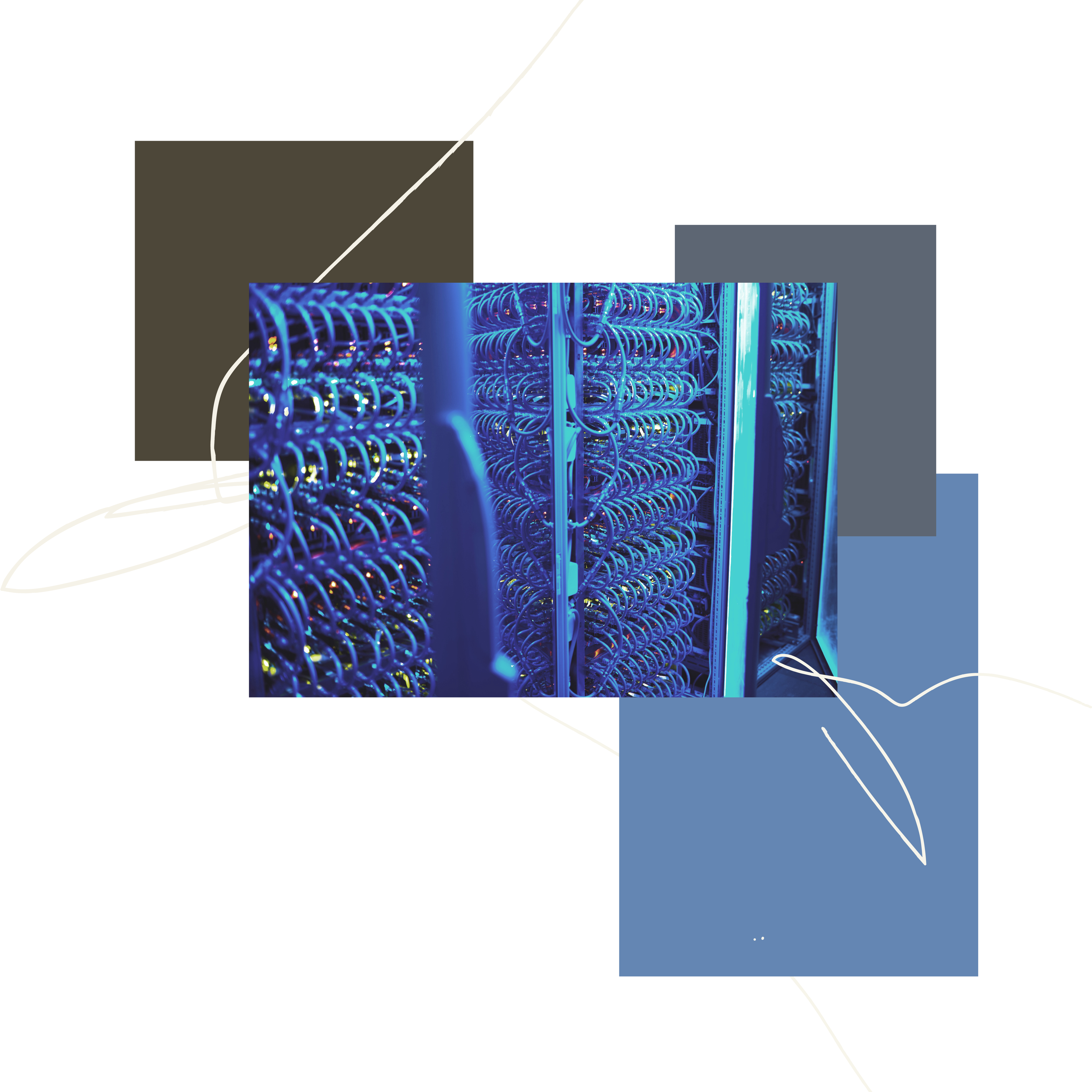 Network server with blue interconnected cables and illustrated lines expanding from it.