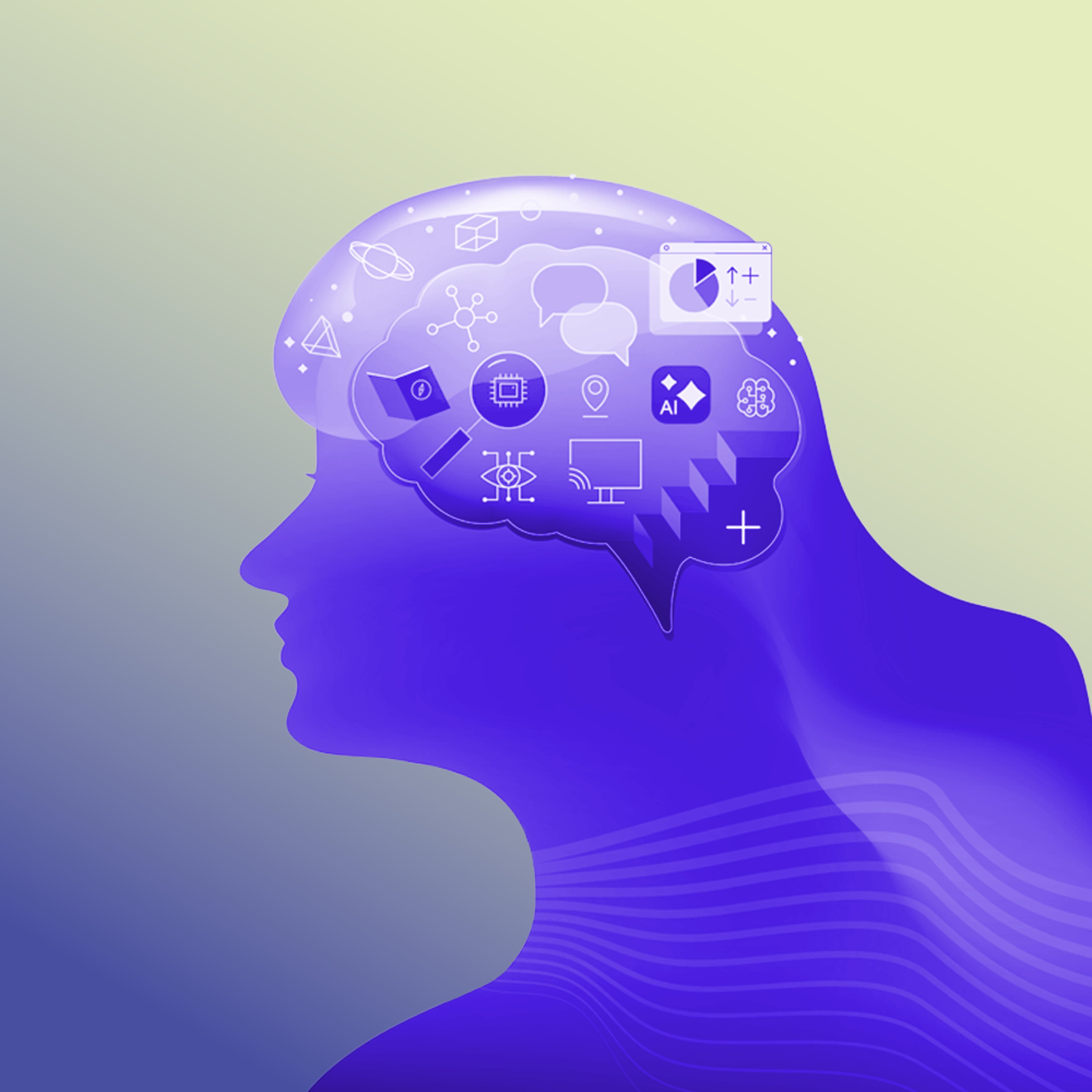 Purple human outline with a though bubble displaying an assortment of items