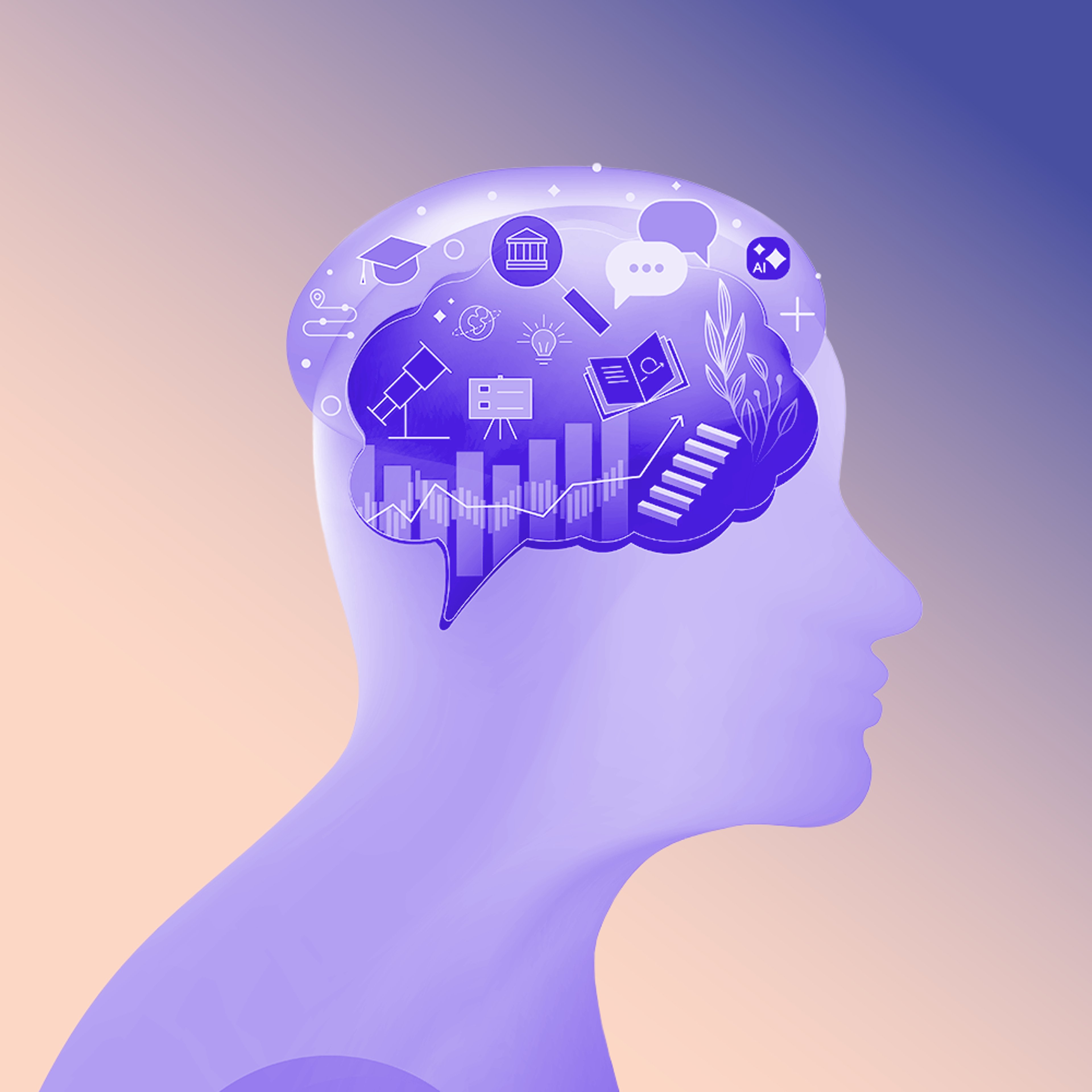 Purple human figure with a though bubble filled with random items